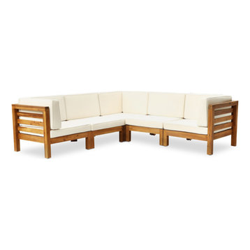 GDF Studio Dawson Outdoor 5-Seater V-Shaped Acacia Wood Sectional Sofa Set, Teak