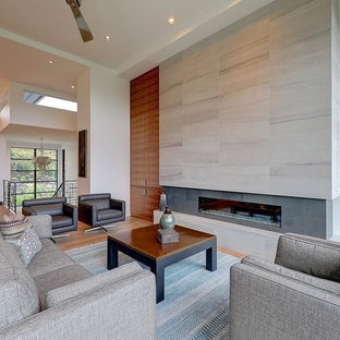Example Of A Large Trendy Formal And Open Concept Light Wood Floor Living Room Design In