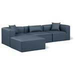 Meridian Furniture - Cube Upholstered Modular Sectional, Navy, 4-Piece: 1 Armless Chair, 2 Corner Chair, 1 Ottoman, Vegan Leather - Elevate your space with the luxurious Cube Vegan Leather Modular Sectional. This modular sectional exudes modern elegance, charm, and comfort making it a perfect addition to any contemporary living space. Its clean lines and cube shape are reminiscent of minimalist design, while the plush navy vegan leather upholstery adds a touch of luxury and sophistication. The chair's versatile construction and geometric aesthetic seamlessly integrate into various design styles, from sleek living rooms to chic home offices, embodying the essence of modern design and creating a sense of order and tranquility in your space.