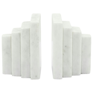 Set of 2 Marble 5"H Block Bookends, White