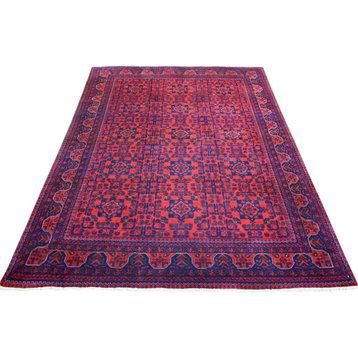 Deep and Saturated Red, Hand Knotted Afghan Khamyab Soft Wool Rug, 5'8"x7'5"