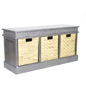 Contemporary Storage Bench, Distressed Wooden Frame With 3 Woven Rattan Baskets