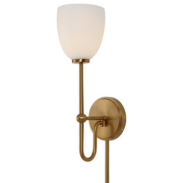 Classic Gold 1 Arm Opal Glass Shade Wall Sconce 18" Tall Round Vintage Style