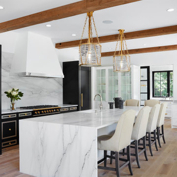 Wood Box Beams Contrasting Against White Ceiling in a Contemporary Kitchen