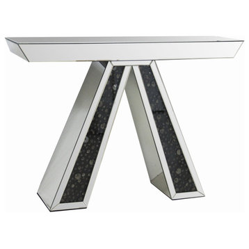 Mirrored Console Table, Reverse V-Shaped Base With Black Faux Crystal Accents