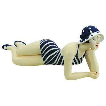 Retro Bathing Beauty Lying Figurine, Swim Suit Woman Blue White Stripe Dot