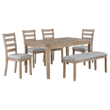 6-Piece Wood Dining Set  (1 Table+4 Chairs+1 Bench), Natural/Natural