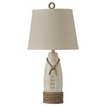 StyleCraft Home Collection - Table Lamp, Distressed White Finish, Cream Hardback Canvas Shade - Any home would benefit from this nautical themed poly table lamp. The faux rope wrapped around the bottom on this nautical buoy adds a sense of coastal whimsy to any home.  The finish on the base really catches the eye and to top it off, the canvas shade and matching faux rope circle finial really sets this piece apart from other lamps.  This delightful lamp works wonderfully in practically any living room, home office or bedroom.