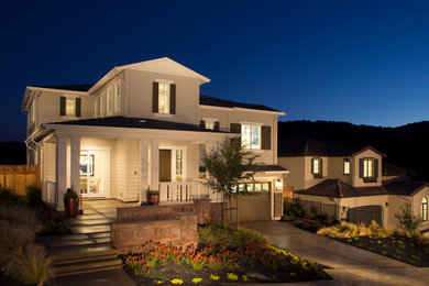 Large transitional beige two-story mixed siding exterior home idea in San Francisco