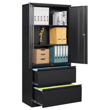 Metal Filing Cabinets, Lockable Drawers & Doors, Black, 2 Drawers