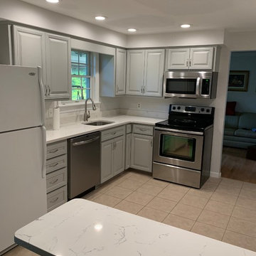 gray cabinet refacing---quartz countertops