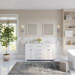 MOD - Polaris Bathroom Vanity, Double Sink, 60", Pure White, Freestanding - Give your prized pampering possessions a new, spacious home with the Polaris. Its stylish Carrara marble countertop is sealed to perfection so you can easily keep watermarks at bay. But the conveniences go far below the surface. The carefully crafted solid wood base is top-notch and includes soft-close drawers and cabinets that help keep your zen at a ten when putting things away. But the real round of applause goes to the hand-finished construction that prides itself on long-lasting durability and perennial style.