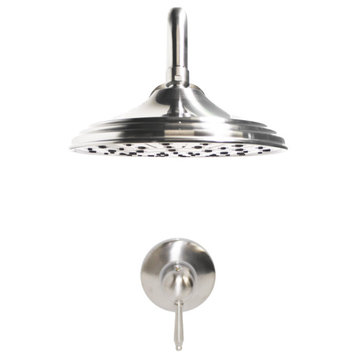 DISK Bath Shower Set with Rough-in Valve, Round Tiered Shower Head, Arm, Handle, Brushed Nickel
