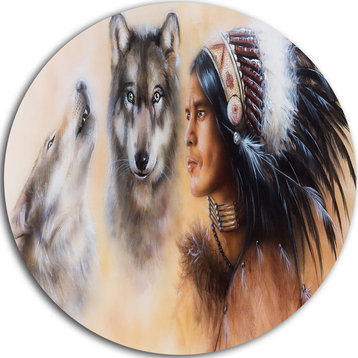 Indian Warrior With Two Wolves, Animal Disc Metal Wall Art, 36"