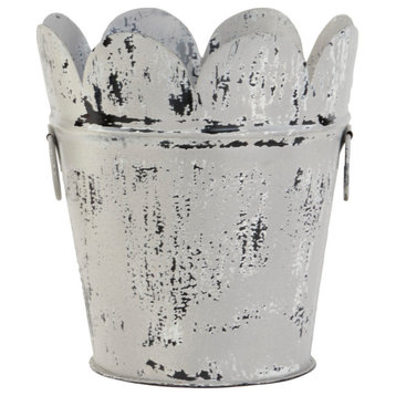 Farmhouse Style Distressed White Metal Scalloped Bucket Planter with Handles