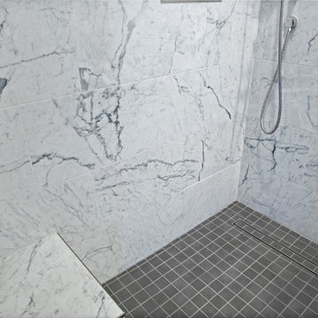 Mission Viejo Marble Walk-In Shower with Linear Drain and Bench Seating