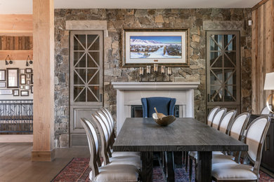 Design ideas for a large country dining room in Other with a standard fireplace.