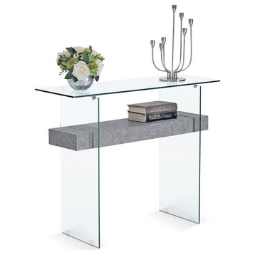 Modern Console Table, Beveled Glass Top & Legs With Thick Wooden Shelf, Gray