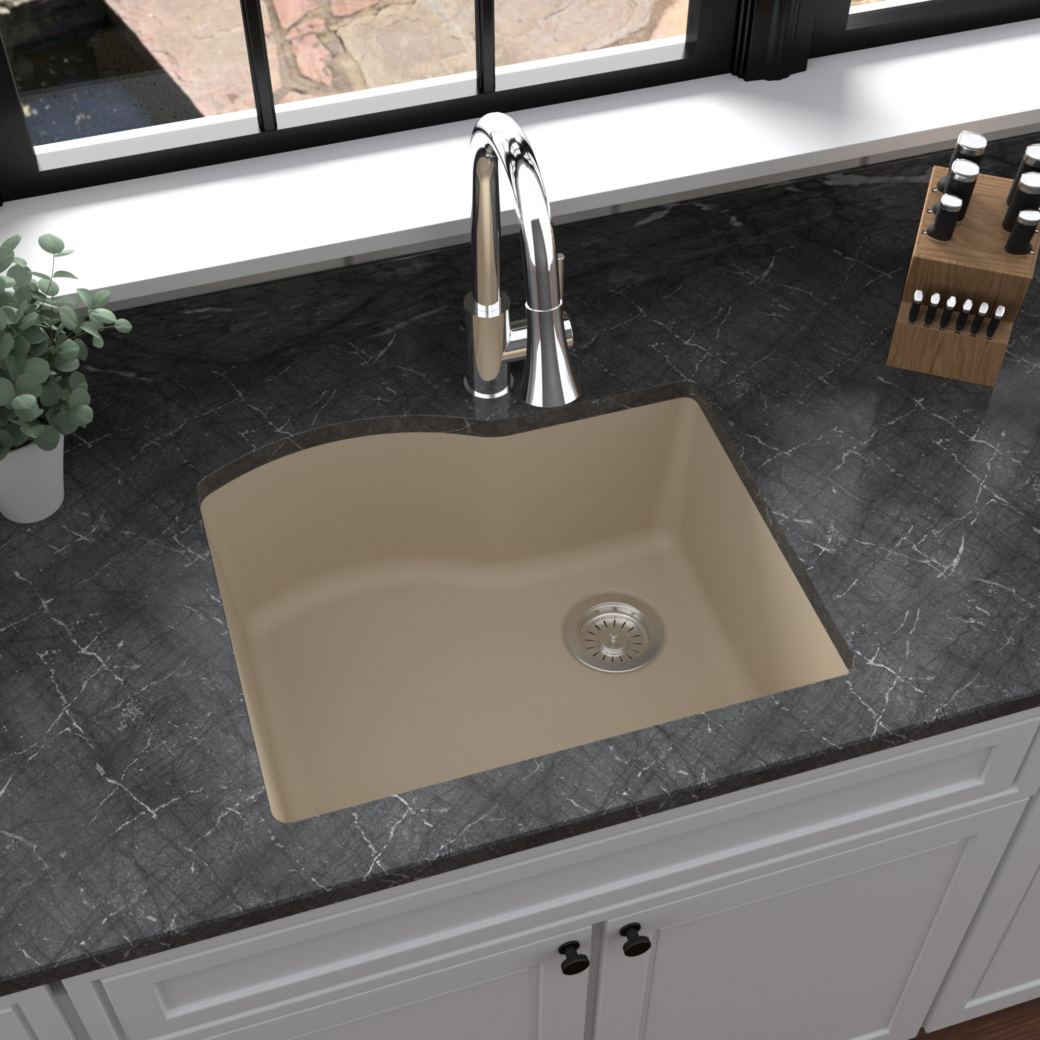 Karran Undermount Quartz Composite 24" Single Bowl Kitchen Sink, Bisque