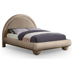 Meridian Furniture - Madrid Upholstered Bed, Taupe, King, Velvet - Transform your bedroom with the bold and sophisticated charm of the Madrid taupe velvet upholstered king bed. Inspired by classic Art Deco design, this bed showcases a striking arched headboard and rounded edges for a unique, sculptural look. The luxurious velvet upholstery adds a layer of softness and warmth, making it a stunning centerpiece that combines artful design with everyday comfort.