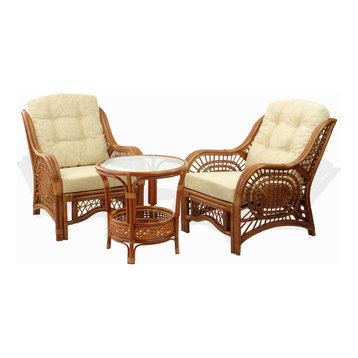 Malibu 3-Piece Rattan Wicker Living Room Set With Cushions, Colonial/Cream