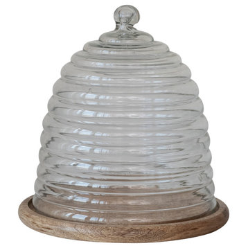 Reclaimed Etched Glass Beehive Shaped Cloche With Mango Wood Base
