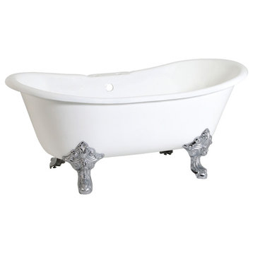 67" Cast Iron Double Slipper Clawfoot Tub w/7" Faucet Drillings, White/Chrome
