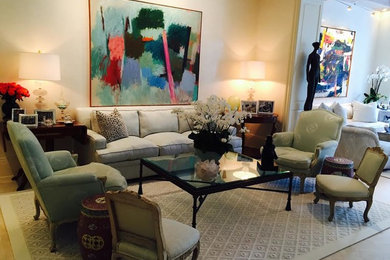 Living room - mid-sized transitional formal and open concept travertine floor living room idea in New York with beige walls