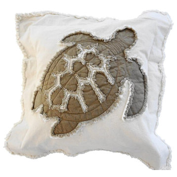 Coastal Frayed Edge Euro Pillow, Khaki Sea Turtle Applique