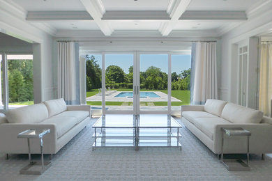 Example of a large formal and open concept dark wood floor living room design in New York with white walls, a standard fireplace and a stone fireplace