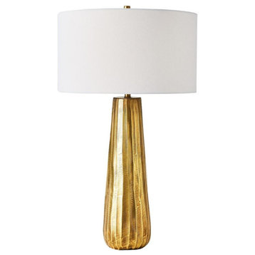 Luxe Modern Tapered Cylinder Column Table Lamp 31 in Antique Brass Minimalist