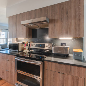 Modern Kitchen Remodel with Flat-Surface Wood-Look Cabinets