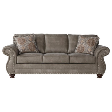 Transitional Sofa, Bun Feet With Padded Faux Leather Seat & Nailhead, Stone Gray