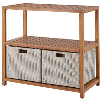 Contemporary Console Table, Indoor or Outdoor Use With 2 Storage Baskets, Brown