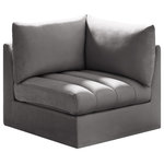 Meridian Furniture - Jacob Velvet Upholstered Modular Corner Chair, Grey - Create the ideal seating arrangement for your space when you pick and choose the elements you like mostincluding this Jacob velvet modular corner chair. Mix and match items in the Jacob collection to bring your living space or family room together with a personalized slant. Soft grey velvet upholstery is soft and welcoming to the touch, adding a luxurious feel to everyday seating. Deep channel tufting adds to the piece's durability, and latches underneath the unit make it easy to attach to other pieces in the collection.