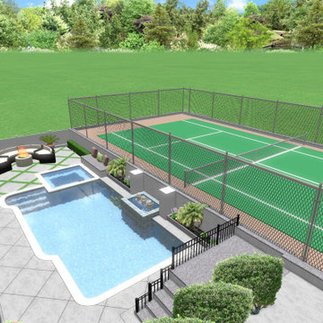 pool design with firepit and tennis courts