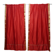 Mogul Interior - 2 Red Sheer Sari Panel Curtain Home Decor Rod Pocket Drape 84X44 - Curtains