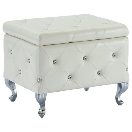 Faux Leather Tufted Single Storage Ottoman, White