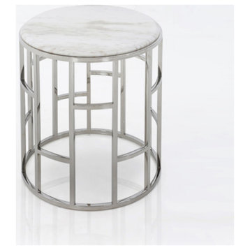 Stylish Silver And White Marble Round Geometric End or Side Table