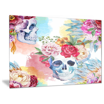 "Ethnic Skull With Flowers" Floral Glossy Metal Wall Art, 28"x12"