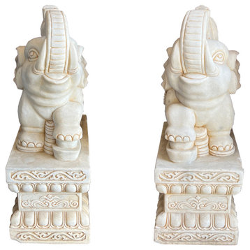 Chinese Pair White Marble Stone Fengshui Elephant Trunk Up Statues Hcs7637