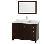 Wyndham Collection - Acclaim 48" Espresso Single Vanity, Carrara Marble Top, Pyra White Sink, 24" - Sublimely linking traditional and modern design aesthetics, and part of the exclusive Wyndham Collection Designer Series by Christopher Grubb, the Acclaim Vanity is at home in almost every bathroom decor. This solid oak vanity blends the simple lines of traditional design with modern elements like beautiful overmount sinks and brushed chrome hardware, resulting in a timeless piece of bathroom furniture. The Acclaim is available with a White Carrara or Ivory marble counter, a choice of sinks, and matching Mrrs. Featuring soft close door hinges and drawer glides, you'll never hear a noisy door again! Meticulously finished with brushed chrome hardware, the attention to detail on this beautiful vanity is second to none and is sure to be envy of your friends and neighbors