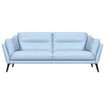Armen Living - Franz Mint Leather Sofa, Sky Blue - Reminiscent of the mid-century modern era, the Franz sofa blends retro and modern together for a stylish and comfortable seating experience for your home. This sofa can comfortably accommodate up to 3 and features beautiful leather upholstery that's further complimented by black metal legs. The Franz offers the perfect spot to snuggle up with a good book, enjoy your favorite show, or take a mid-day nap. The combination of web suspension and sinuous springs seat construction provides a balance of flexibility and support. The webbing evenly distributes weight, and the sinuous springs add a subtle bounce and responsiveness. The durability does not stop at the seat construction, the leather upholstery is easy to care for and will outlast normal wear and tear more than most upholstery fabrics. This leather couch is the perfect addition to any home and makes for the best seat in the house for a movie, family gatherings, or date night. This sofa is available in your choice of mint, sky blue, dove gray, or midnight blue leather upholstery.