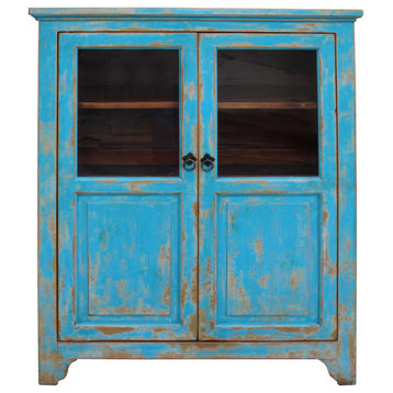 Distressed Bright Blue Glass Display Bookcase Curio Cabinet Hcs5382