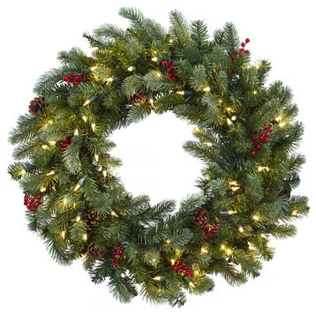 30" Lighted Pine Wreath With Berries & Pine Cones