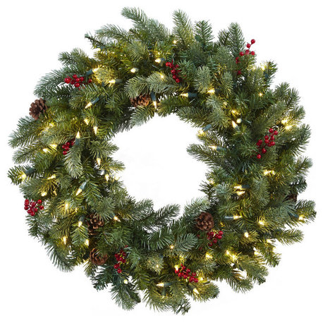 30" Lighted Pine Wreath With Berries & Pine Cones