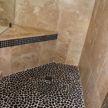Master Bathroom Travertine, Pebble and Glass
