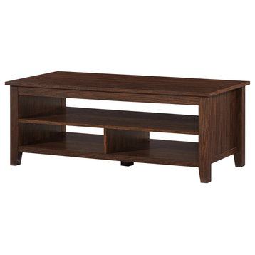 Modern Coffee Table, Grooved Accented Design With Spacious Shelves, Dark Walnut