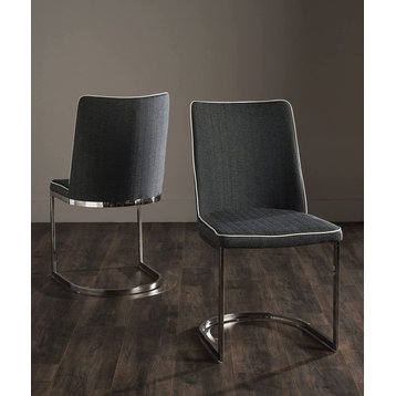 Set of 2 Dining Chair, Open Chrome Base With Cushioned Seat, Grey Polyester