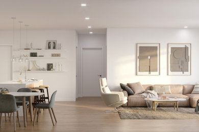 Diseño de salón abierto minimalista con paredes blancas y suelo de madera en tonos medios